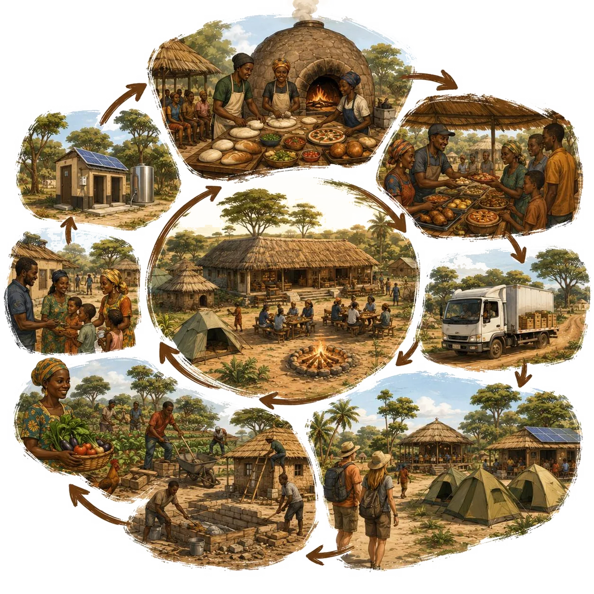 Illustrated circular model showing Jam Wuro training, food production, tourism, local work and community reinvestment in Linkering.